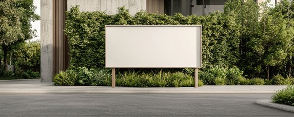 Fototapeta premium A blank billboard stands surrounded by lush greenery, blending modern design with nature in an urban setting.