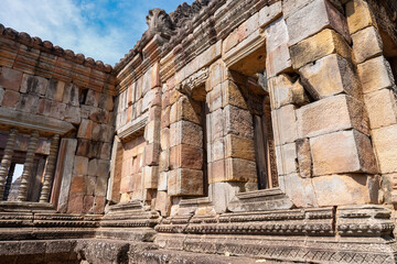 Castle sandstone walls of the main castle, Ancient architecture Sand Stone Castle in Buriram province, Thailand, Phanom Rung Historical Park architectural site.