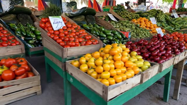 Vibrant market stall displaying fresh produce in colorful wooden crates
