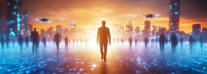 A glowing, futuristic metropolis stretching across the horizon, with people walking through glowing streets and flying vehicles overhead