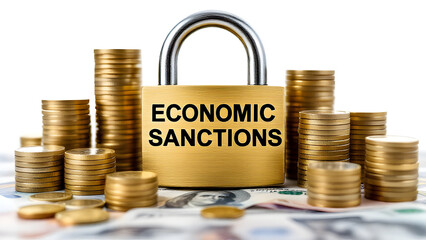 Economic Sanctions Concept with Gold Coins and Padlock Symbolizing Financial Restrictions and Trade Barriers