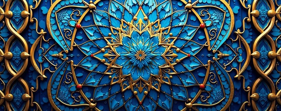 Intricate geometric arabesque design in blue and gold hues, blue, geometric