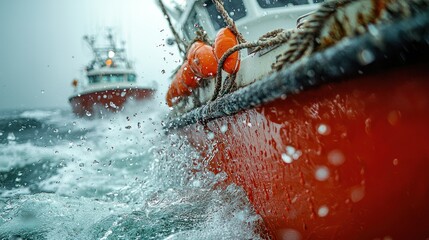 Fototapeta premium Two fishing boats sailing in rough sea, close-up view of bow.