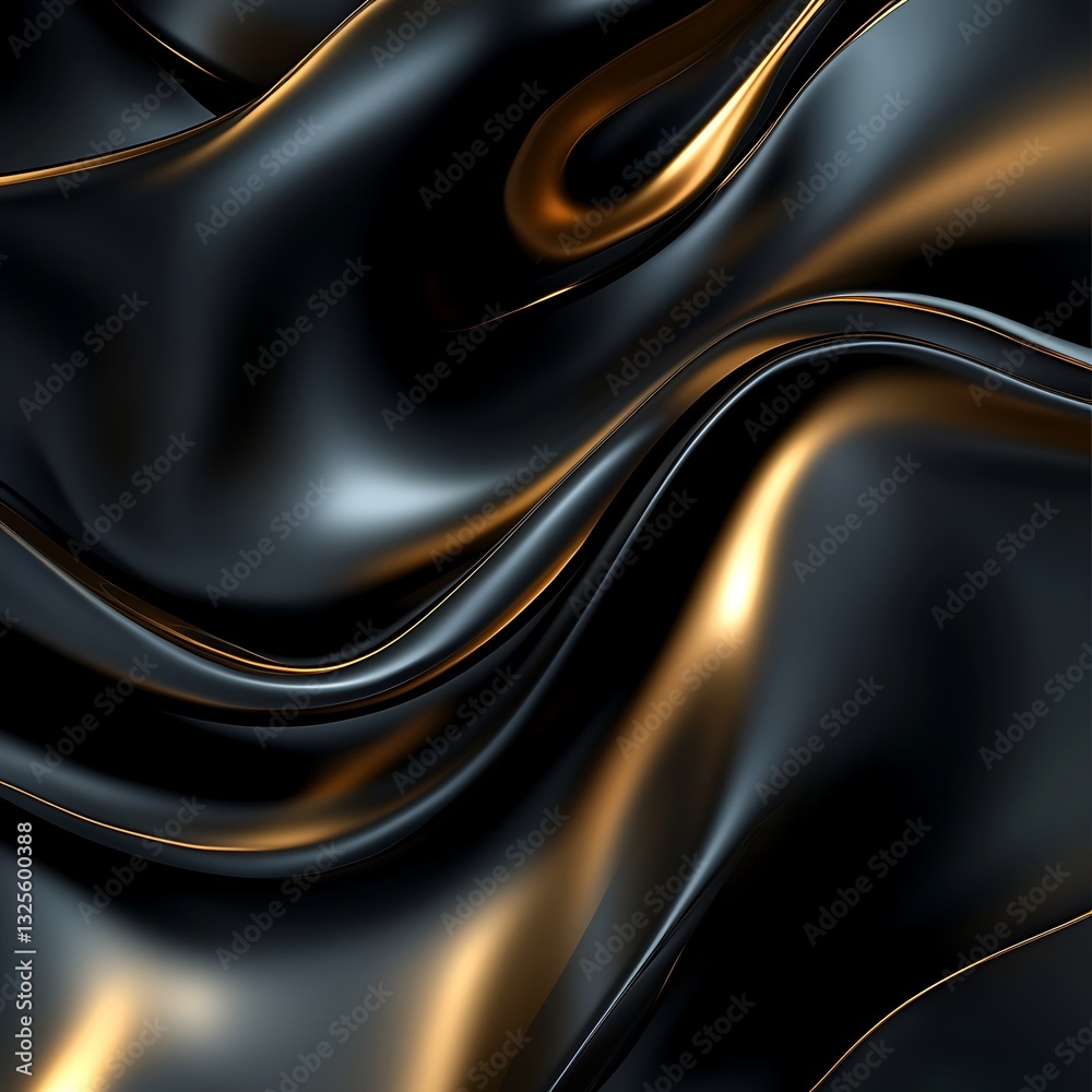 Sticker smooth black and gold satin fabric draped in elegant curves and soft waves for background or texture