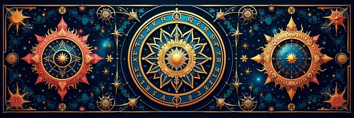 Intricate mystical symbols pattern with ancient runes and celestial symbols, esoteric, celestial