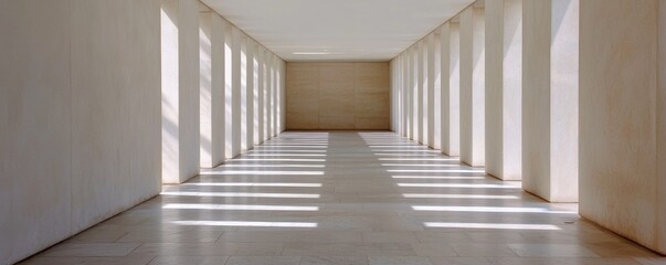 A minimalist corridor features tall white walls and aligned columns, with sunlight casting shadows across a smooth floor.