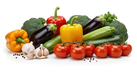 fresh vegetables, colorful produce, healthy food, assorted veggies, bell peppers, tomatoes, eggplant, broccoli, lettuce, cucumber, garlic, still life, vibrant colors, organic produce, farm-fresh ingre