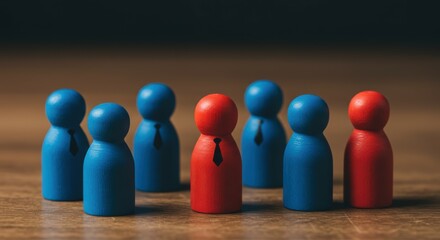 leadership concept, red figure standing out, blue figures, wooden table, group dynamics, uniqueness, individuality, teamwork, contrast, simplicity, minimalist design, depth of field, dramatic lighting