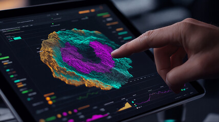 Person touching colorful data visualization on tablet screen with hand and finger interaction