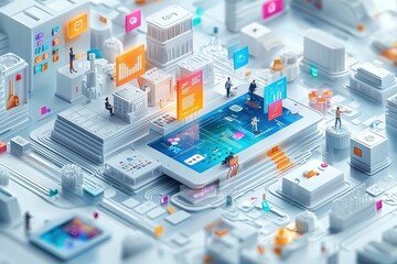 Obraz premium Isometric Illustration of Digital Workplace with Applications on Devices