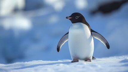 Obraz premium a cute penguin standing on snow, with a beautiful view behind him. It is a charming depiction of this adorable bird