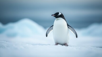 a solitary penguin standing on ice, with ocean and sky in background