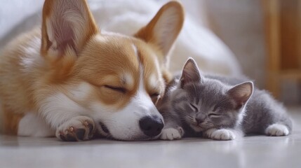 Adorable Corgi dog and kitten sleep soundly together. Perfect for pet adoption, animal friendship, or peaceful themes.