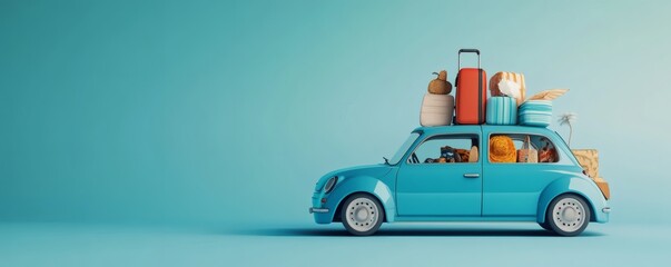 A small blue car overloaded with travel luggage ready to go