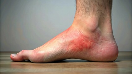 Fototapeta premium Irritated ligament in ankle or foot with visible redness, captured in an indoor setting. Suitable for marketing or business purposes. Panoramic banner with place for text