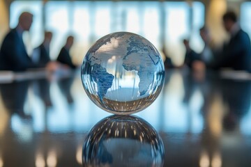 Glass globe with world map sits on table. Illustrates global business, meetings, and international connections.