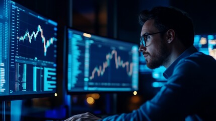 Young caucasian male analyst examining stock market data on multiple computer screens