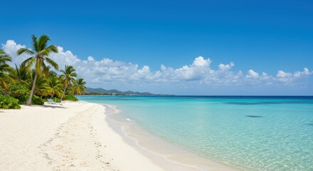 Naklejka premium Tropical paradise, pristine white sand beach, crystal clear turquoise water, lush palm trees, sunny blue sky, fluffy white clouds, idyllic Caribbean landscape, serene ocean view, tropical island getaw