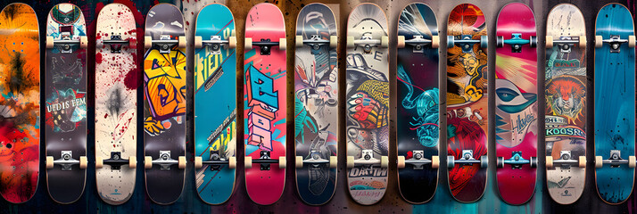 Fototapeta premium The Dynamic Array of Intricately Designed Skateboards Expressing the Spirit of Street Culture