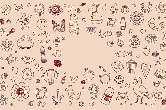 Doodles in open notebook featuring abstract shapes, Hand drawn flowers, and simple illustrations for bullet journal inspiration or creative design