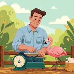 Man Weighing Items with Flamingo Nearby at an Outdoor Setting