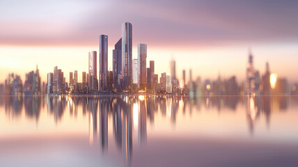 Futuristic cityscape with modern skyscrapers reflecting on calm water at sunset
