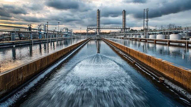 Industrial Wastewater Treatment Facility Showing Processing Tanks and Pipes System