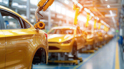 Robotic arms assembling yellow cars in modern automobile factory