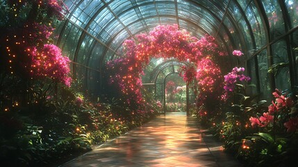 Fototapeta premium A glowing orchid greenhouse filled with flowers that emit a bioluminescent glow