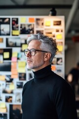 Obraz premium Thoughtful Mature Man in turtleneck Sweater Contemplating in Office