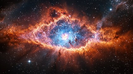 Obraz premium Fiery cosmic nebula with bright core and swirling gases.