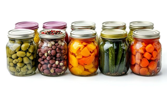 Canned vegetables in glass jars isolated