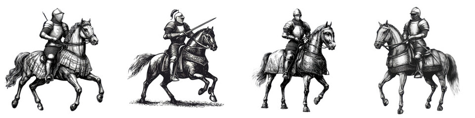 Fototapeta premium A dramatic scene depicting armor clad knights engaged in a fierce medieval battle riding powerful horses and wielding swords and shields in an epic display of chivalry and combat