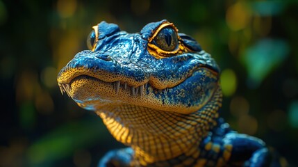Fototapeta premium a close-up shot of a baby alligator with detailed skin and striking eyes, with blurry nature background. The alligator looks alert and curious