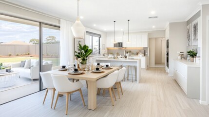 Fototapeta premium Modern Dining Room with Light Wood Table and Simple Decor