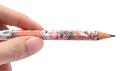 Woman holding a pencil with floral design on transparent background