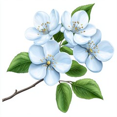 Obraz premium A stunning branch of a flowering tree showcasing ethereal blue flowers and lush green leaves against a bright sky