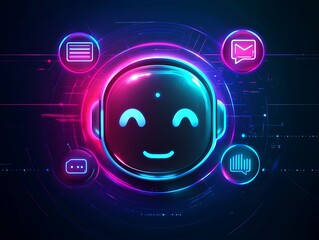 Futuristic chatbot marketing icon with AI chat bubbles and a glowing digital assistant face