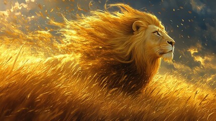 a majestic lion with a golden mane, standing in a field of tall grass, its face with serene look