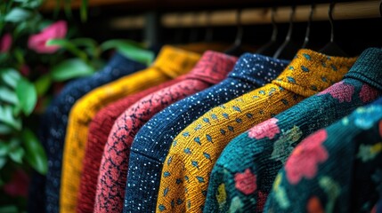 Colorful shirts hanging on rack.