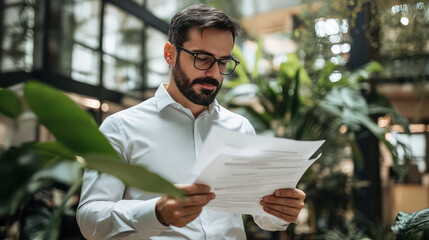 male manager reviewing environmental impact reports in green office