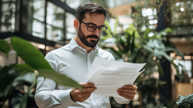 male manager reviewing environmental impact reports in green office