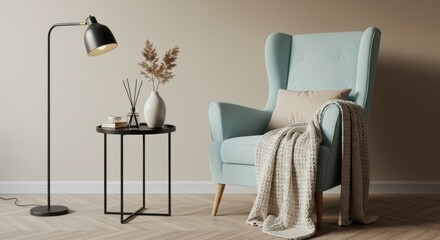 Fototapeta premium cozy living room, mid-century modern armchair, light blue fabric, wooden legs, beige throw blanket, black floor lamp, side table with vase, ceramic vase, hardwood floor, neutral wall color, minimalist