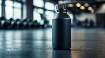 Black plastic bottle on gym floor.