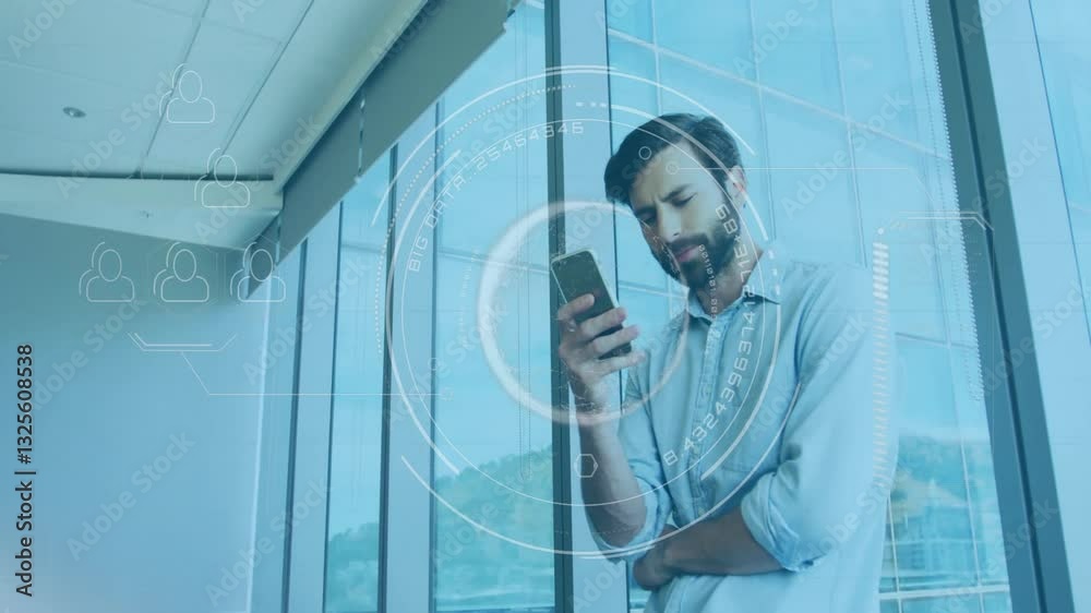 Poster man using smartphone with digital interface animation over office window background