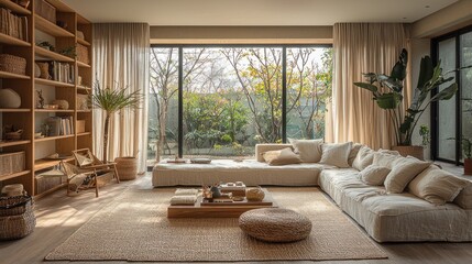 Luxurious modern living room with comfortable seating and large windows