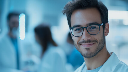 A young Indian doctor wearing glasses, smiling while standing in front of his medical team, generative AI