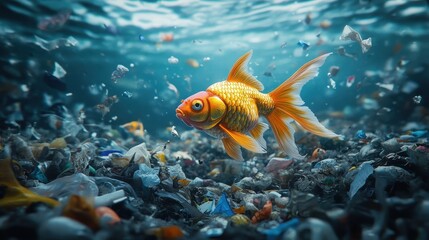Naklejka premium a goldfish swimming through polluted water, highlighting environmental issues caused by waste. This image evokes a sense of sadness and urgency