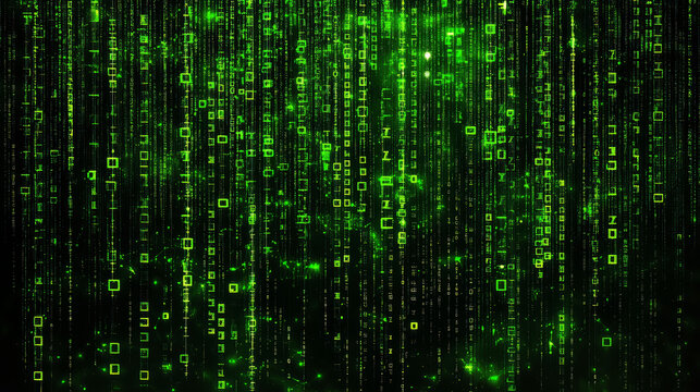 Digital matrix background with green binary code and patterns