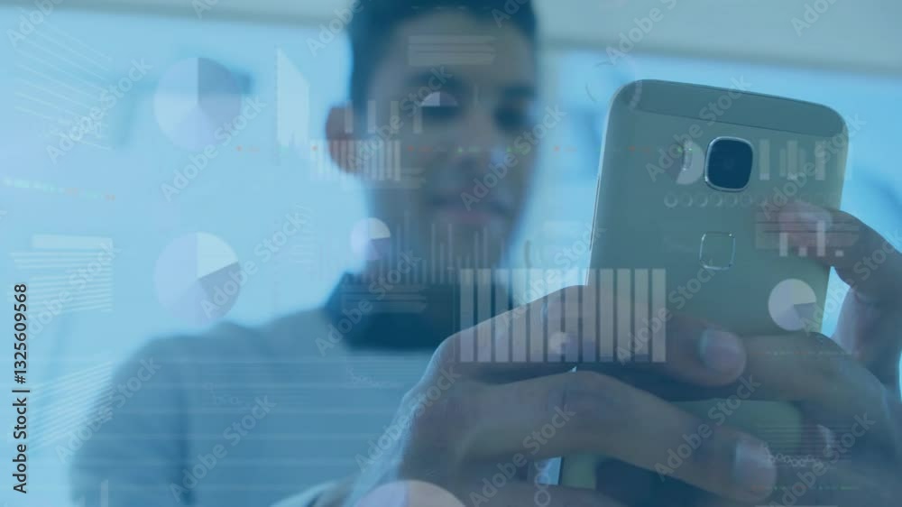 Poster using smartphone, man with digital data processing animation overlay in background